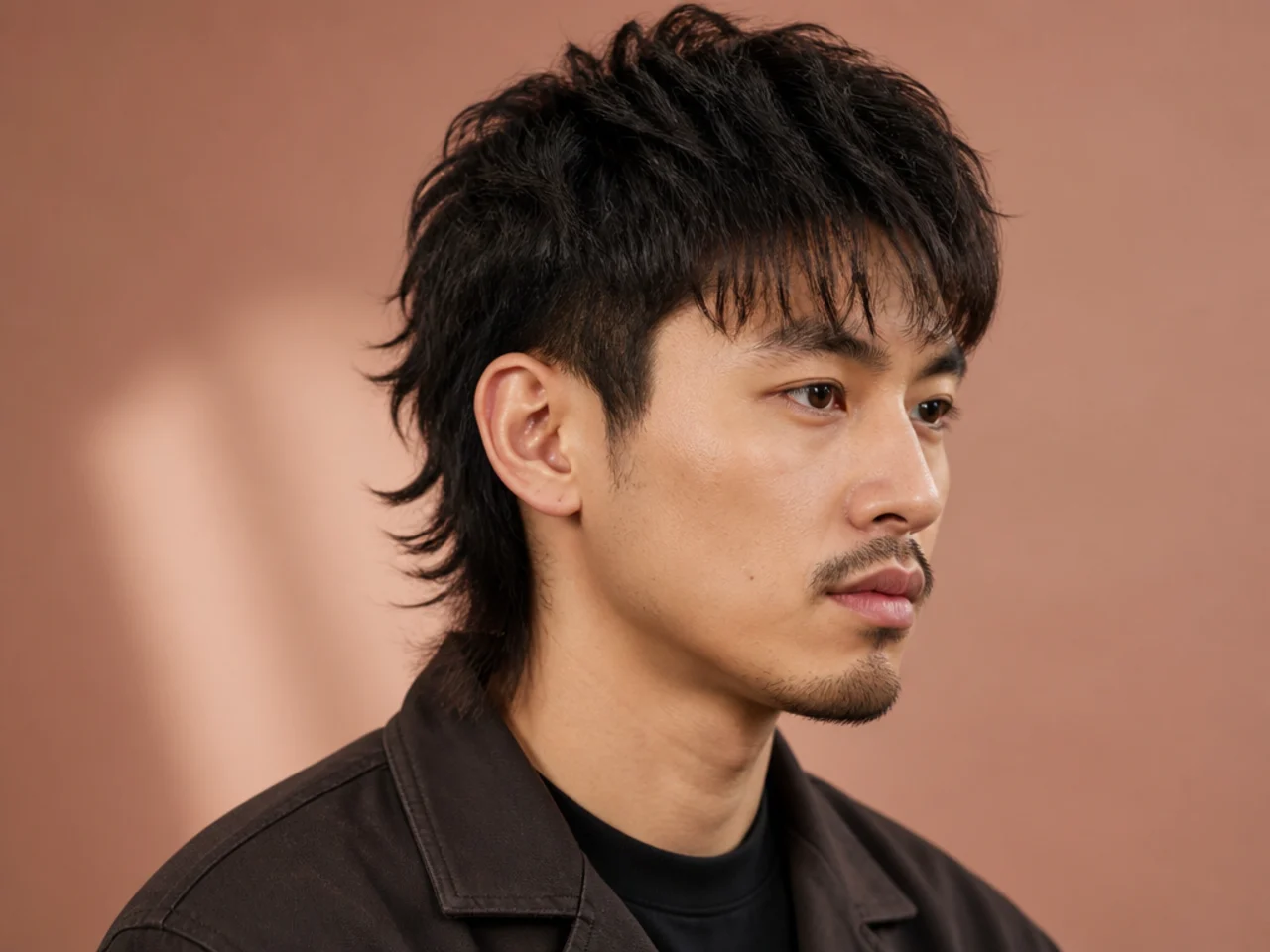 Asian mullet with sleek dark hair, sharp taper, and modern silhouette