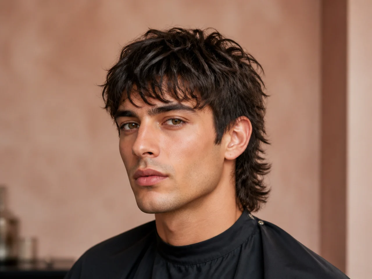 Mullet with textured piecey fringe falling forward over the brow