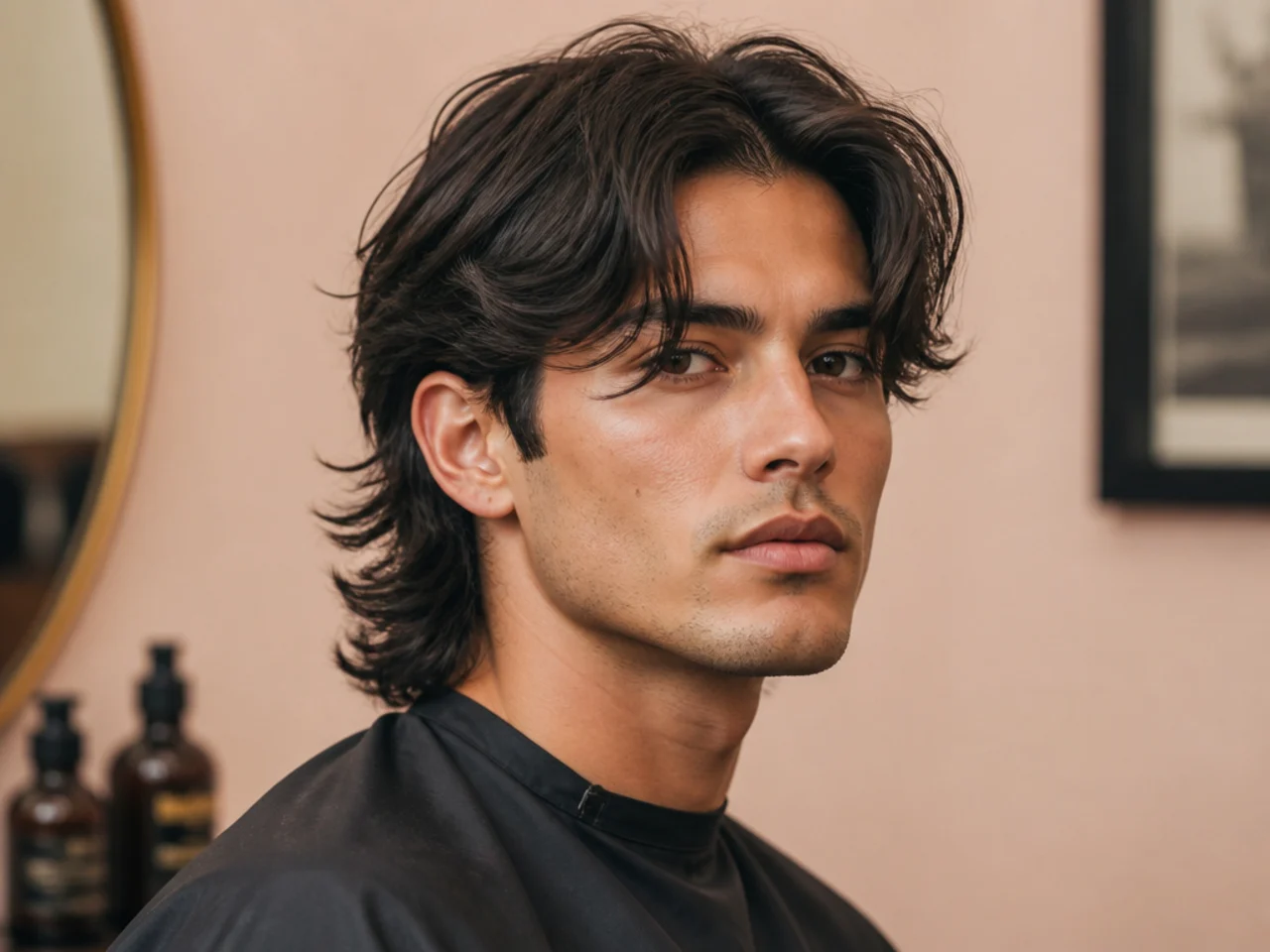 Mullet with center-parted curtain bangs sweeping to each side of the face