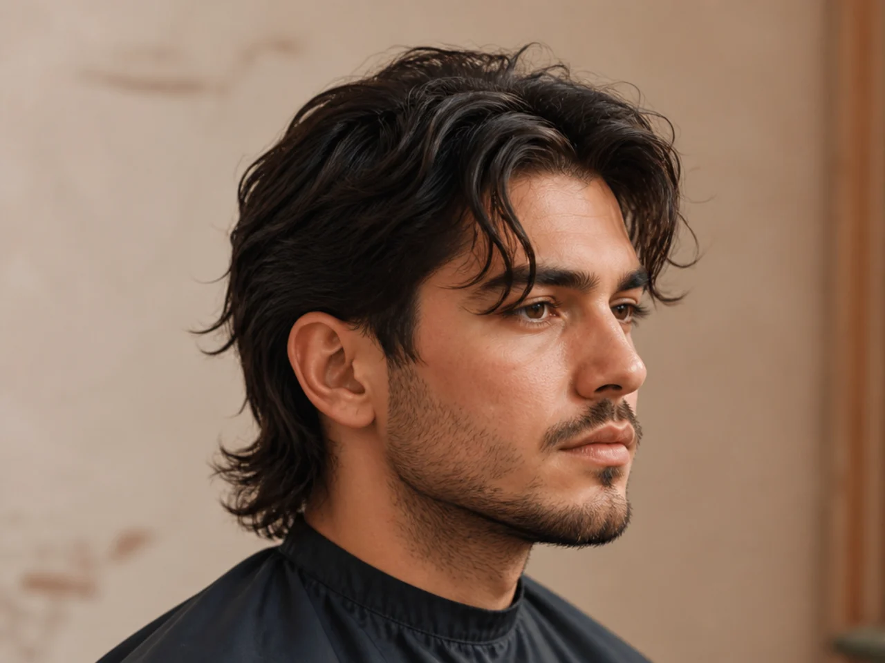 Mullet with comma-shaped fringe curling inward at the forehead