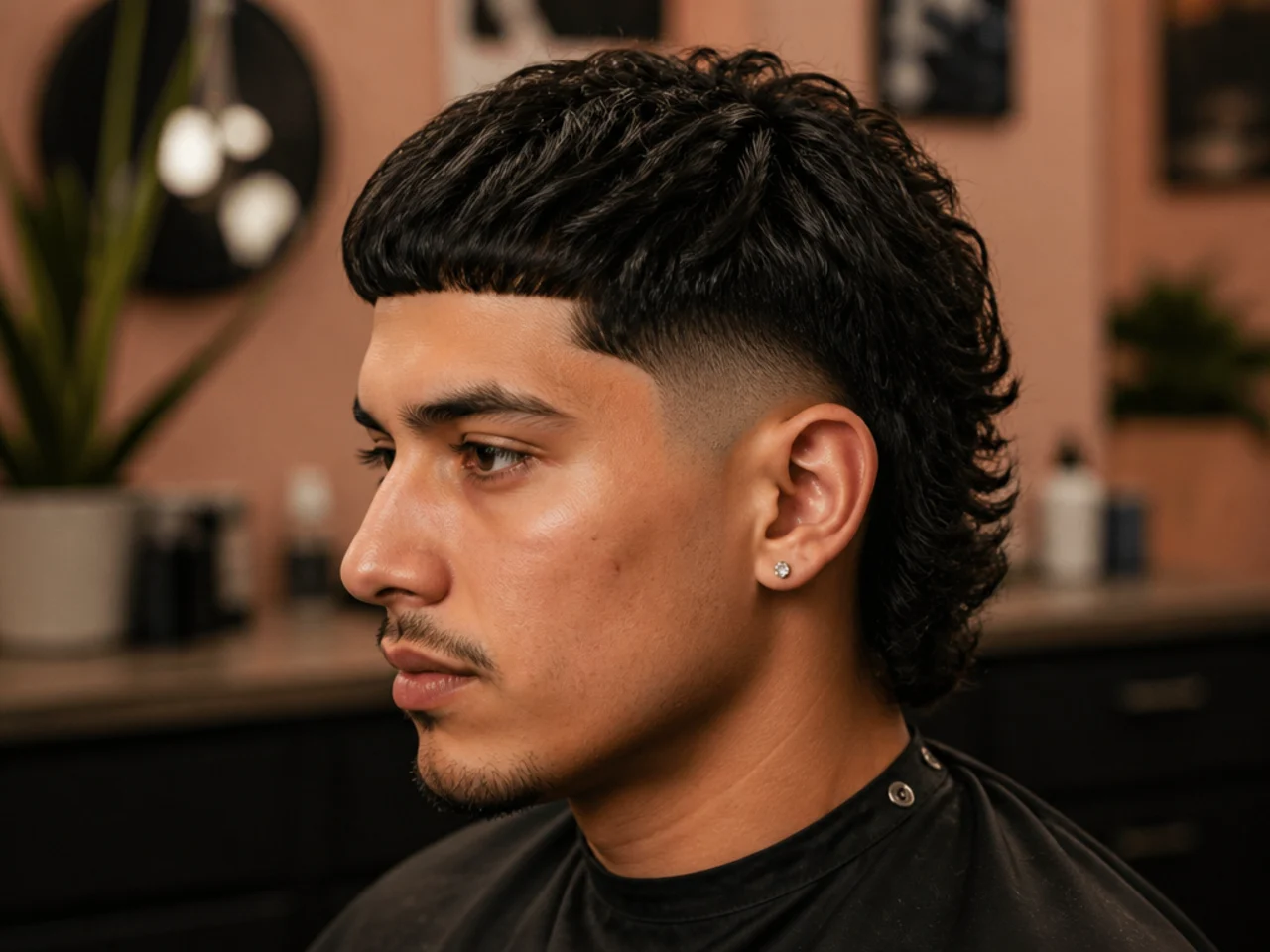 Mullet with Edgar-style blunt straight fringe cut at brow level and mullet-length nape behind