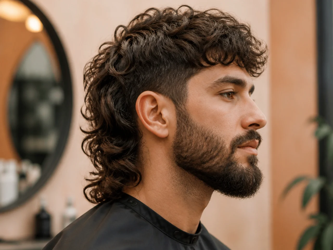 Mullet paired with a full matched-grade beard on a man in his late twenties