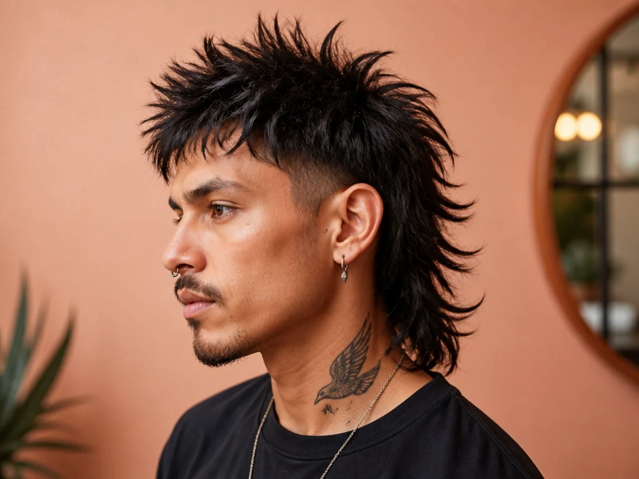 Punk mullet with aggressive raw texture, hard undercut sides, and long spiked nape