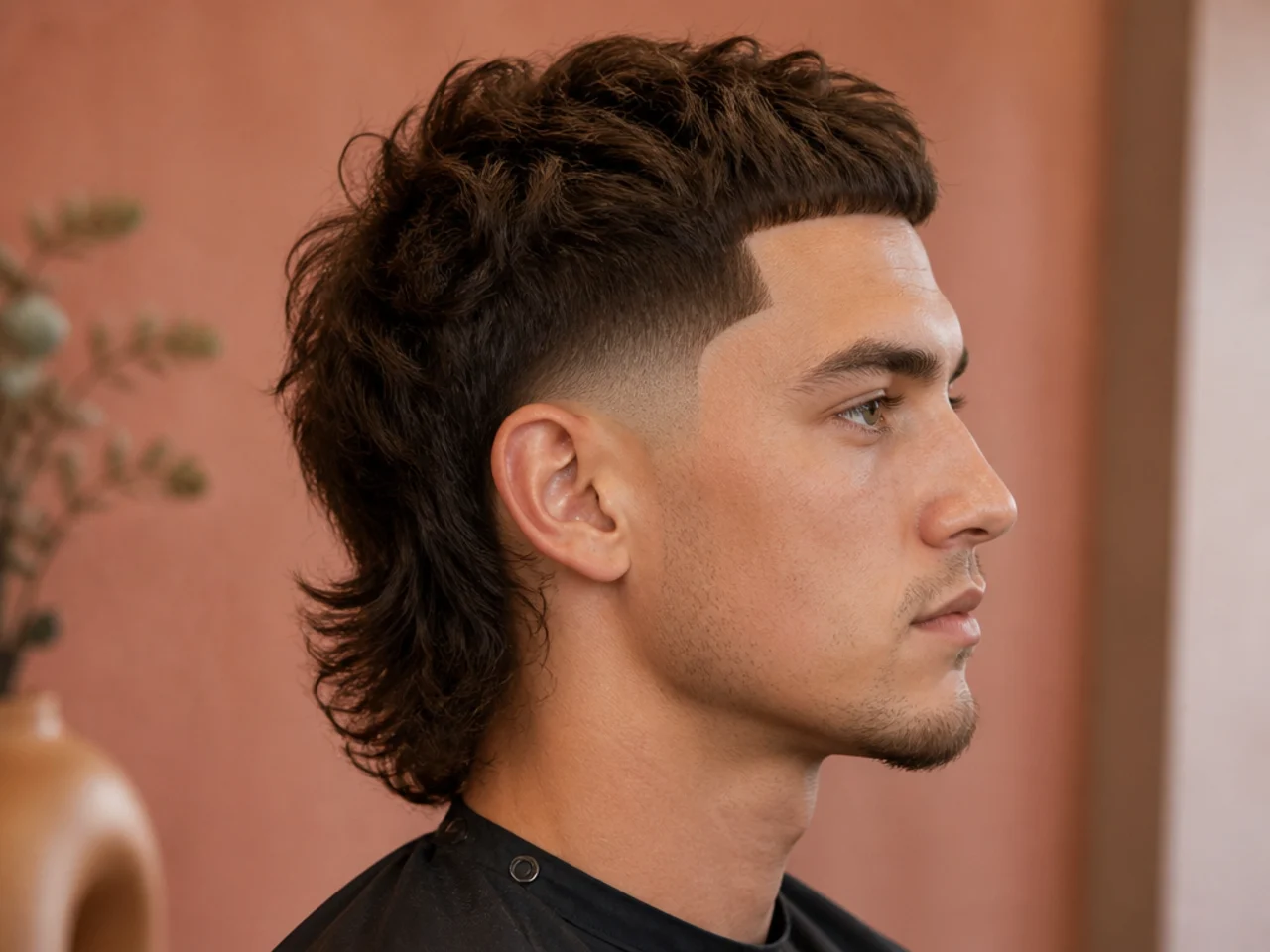 Mullet with sharp razor line-up at temples, forehead, and sideburns