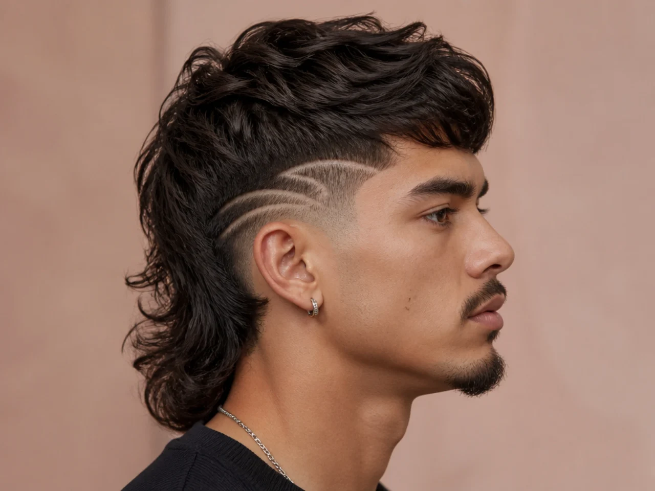 Mullet with shaved geometric hair design detail cut into the taper above the ear