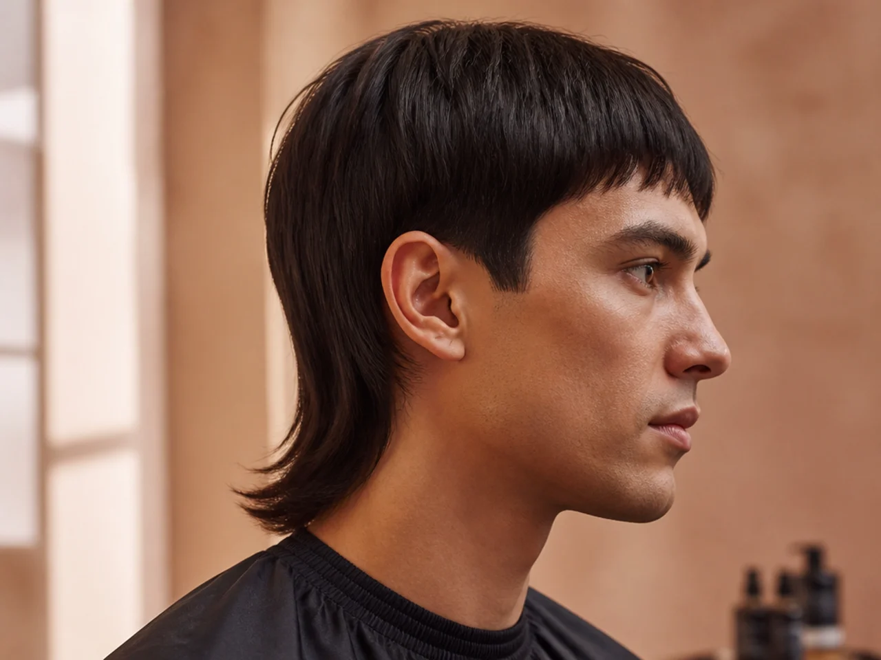 Straight hair mullet with heavily point-cut top and sharp feathered nape