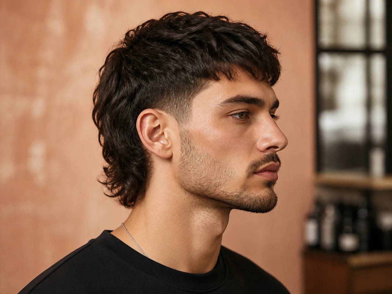 Short mullet with cropped top, tapered sides, and one-and-a-half-inch feathered nape