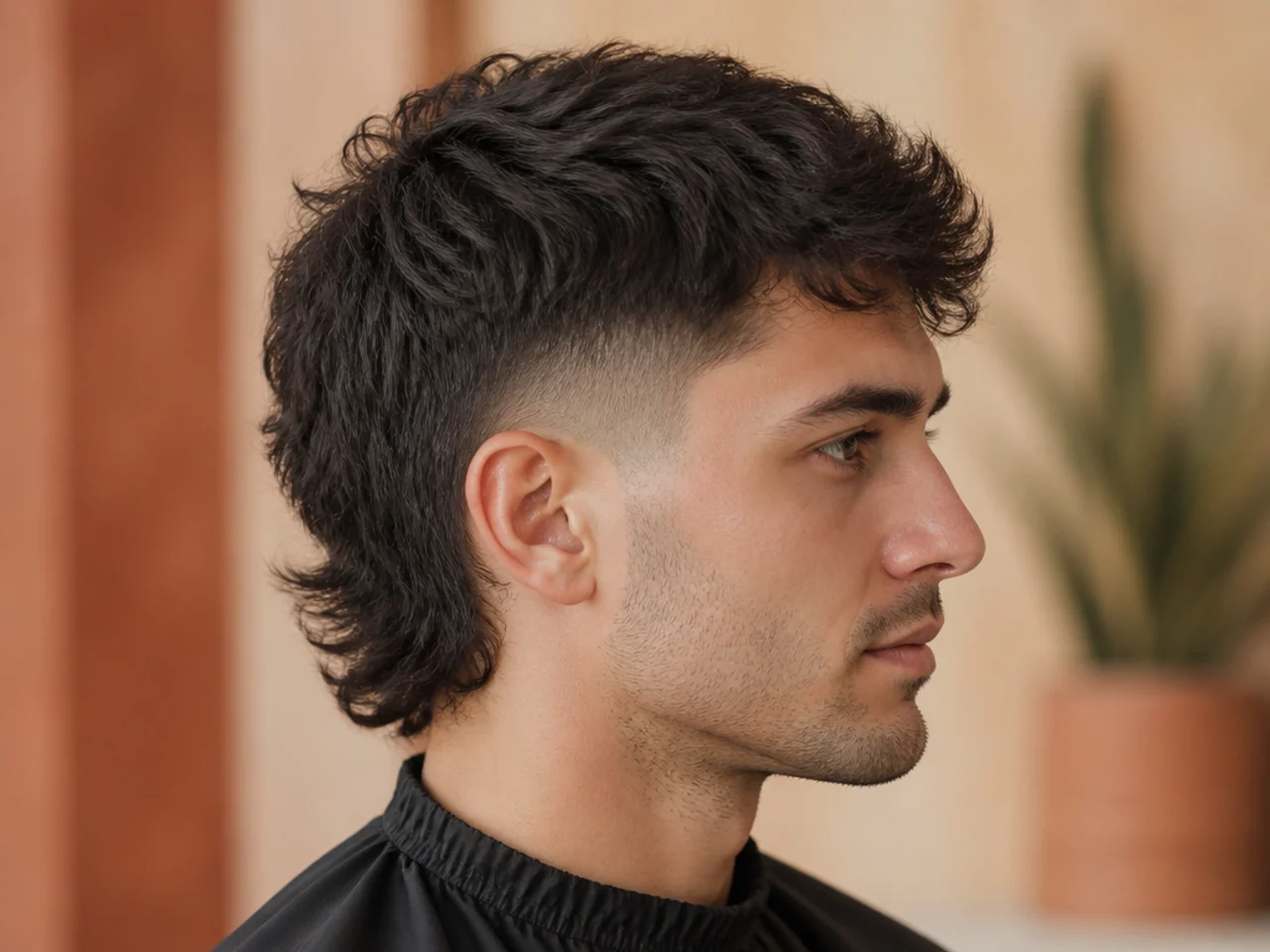 Faded mullet with clean low-to-mid fade sides and textured mullet top