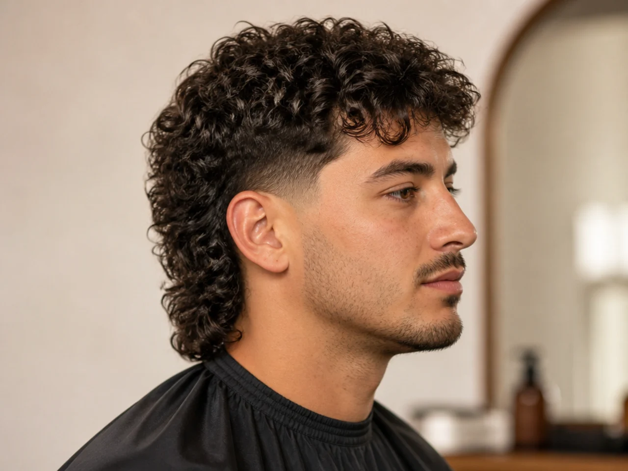 Burst fade mullet with arc around ear and long feathered nape flowing behind
