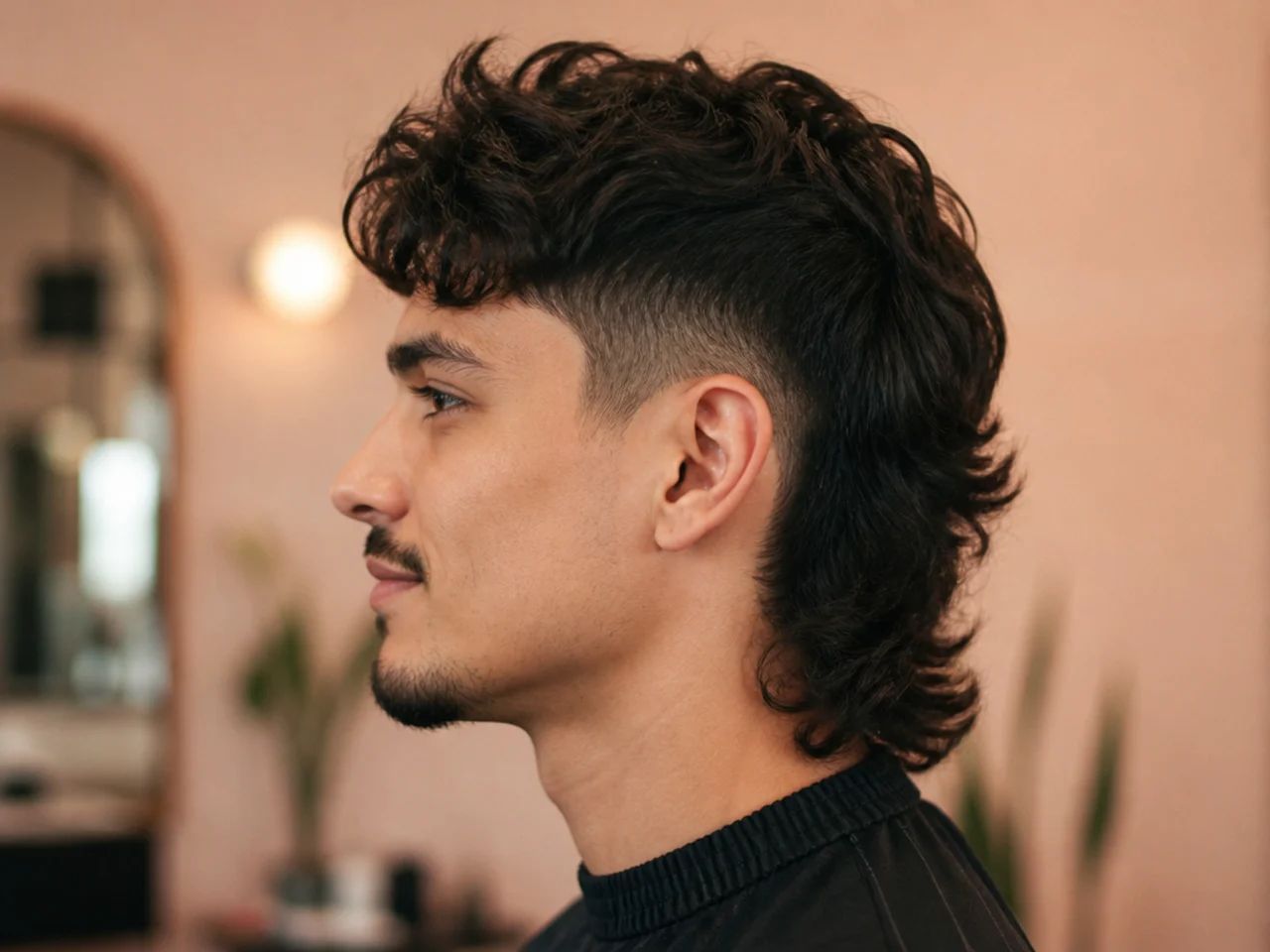 Barber and client discussing bold mullet reference photos in a modern barbershop