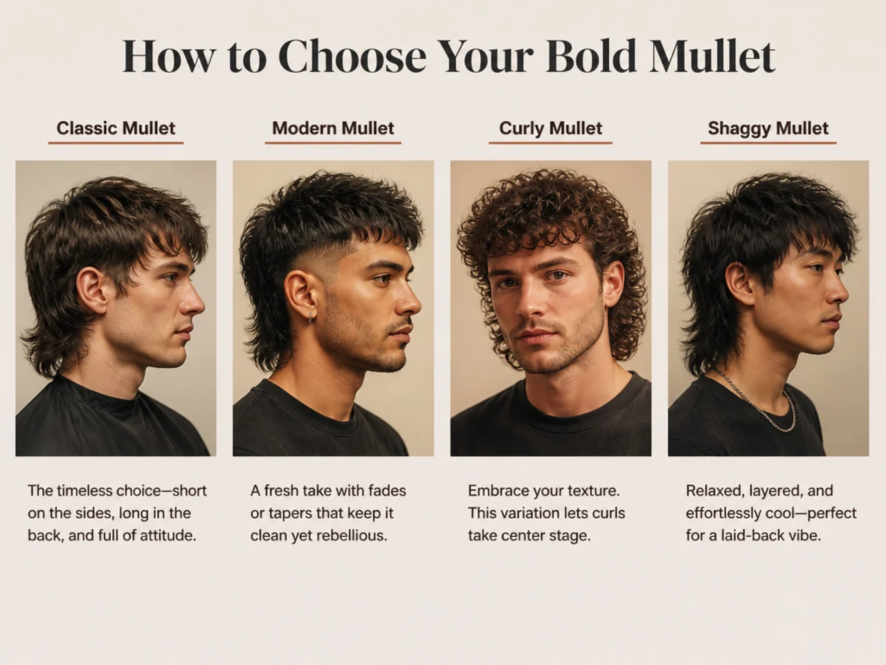 Side-by-side triptych of three modern mullet variations on three men with different face shapes and hair types