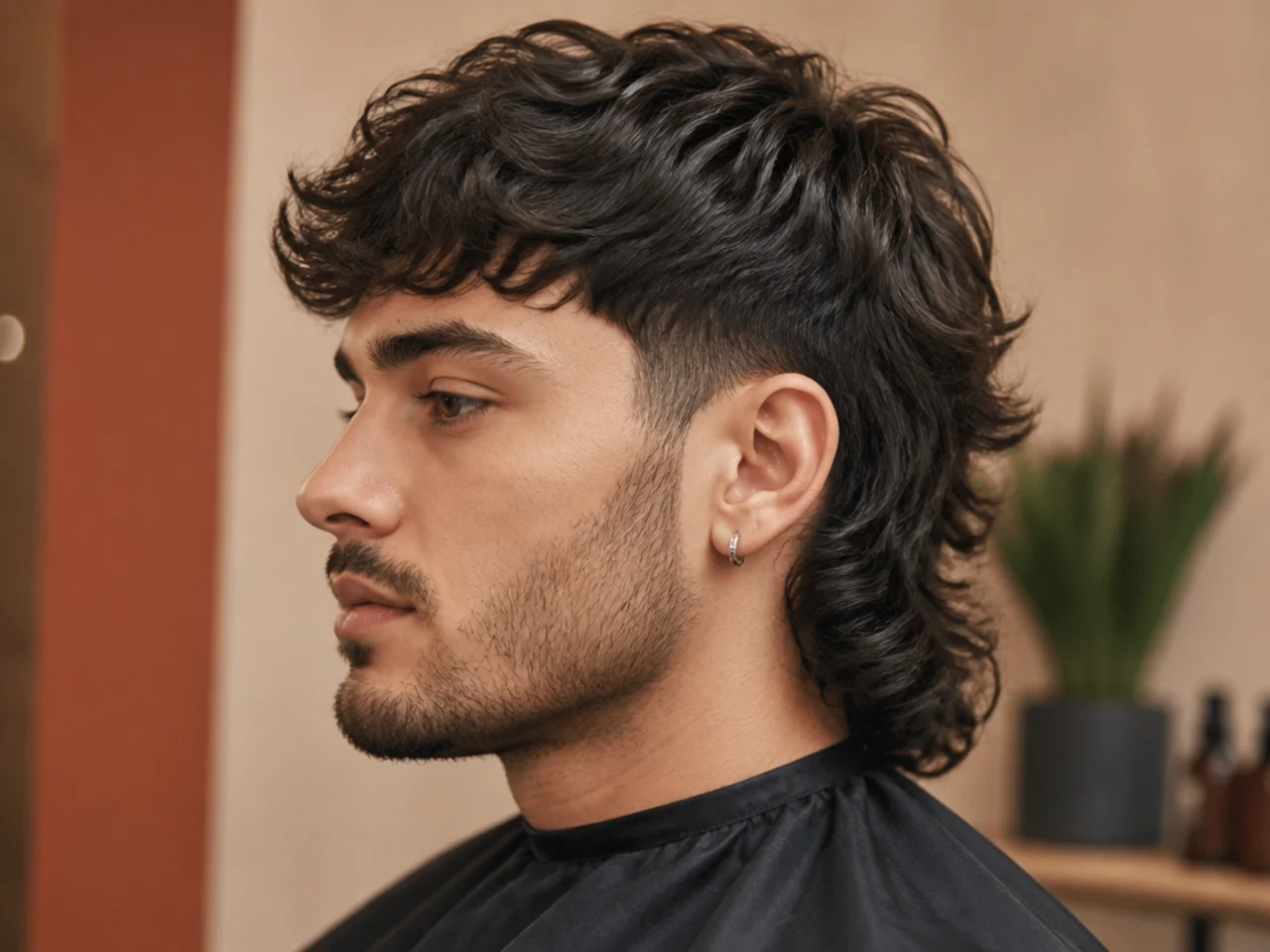 Side-profile diagram of a modern mullet showing short top, tapered sides, and longer feathered nape