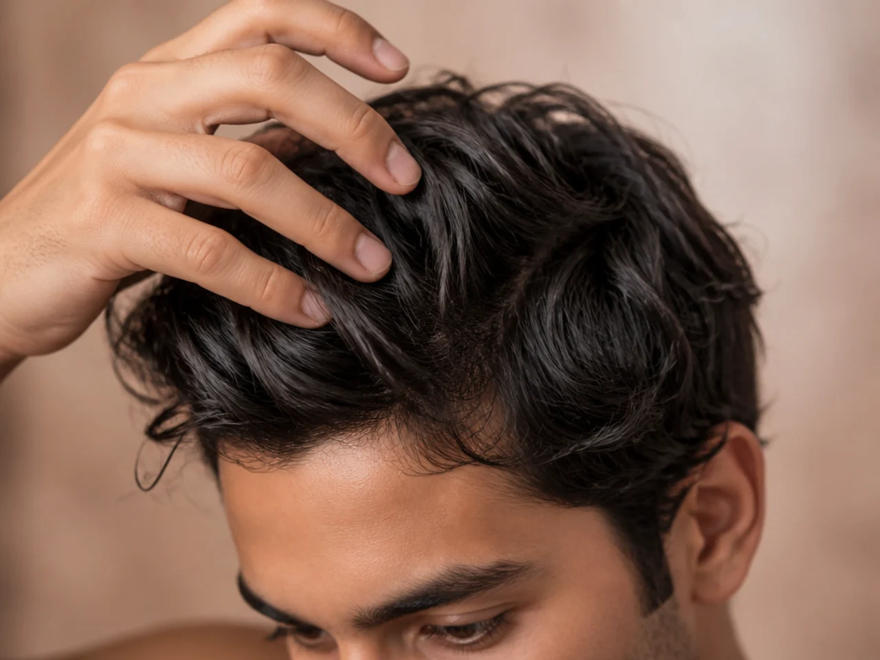 Fingertips pulling apart sections at the top of a styled crown