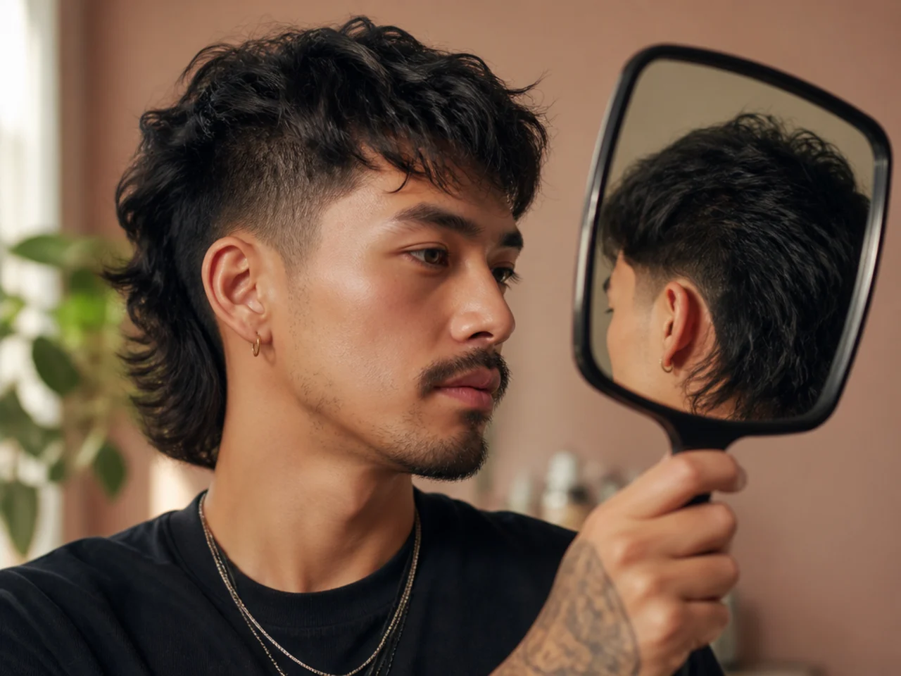 A man using a hand mirror to check the side of a mullet fade