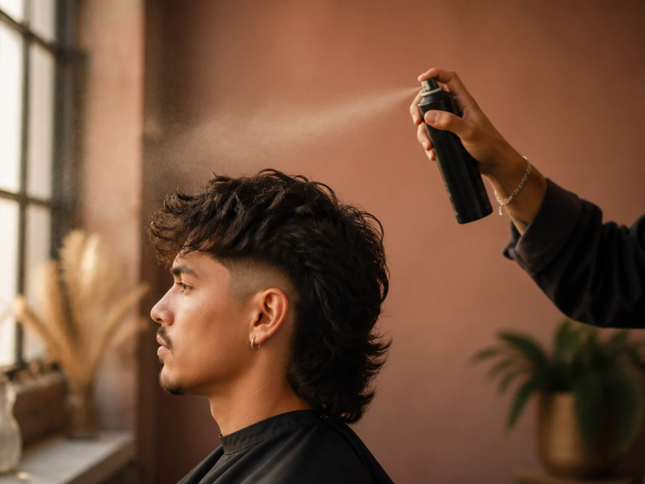 Hairspray being misted from arm length over a finished mullet fade