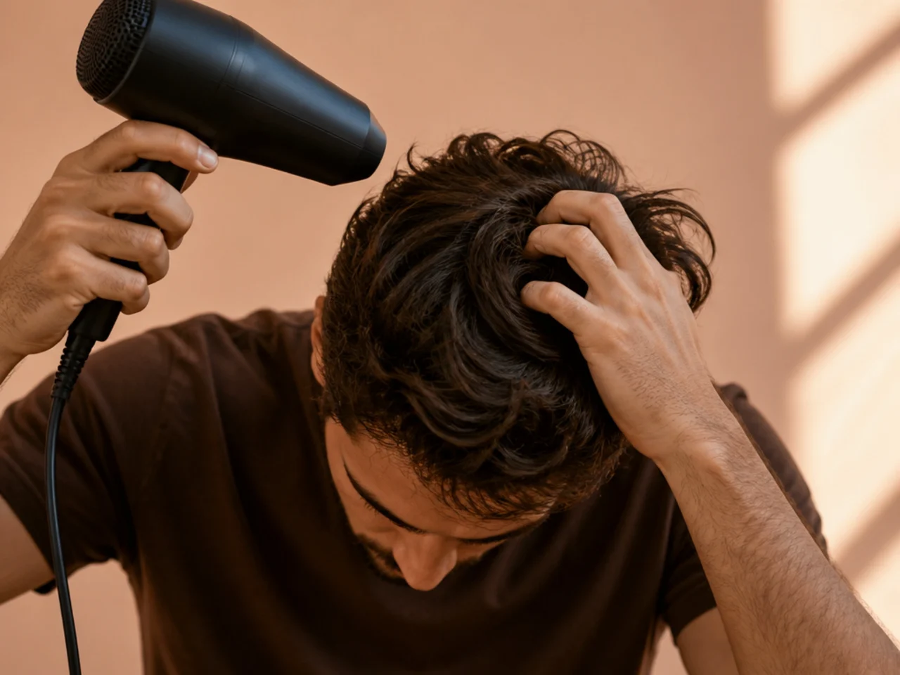 A man bent forward drying the top of his head with a dryer and his fingers in the roots