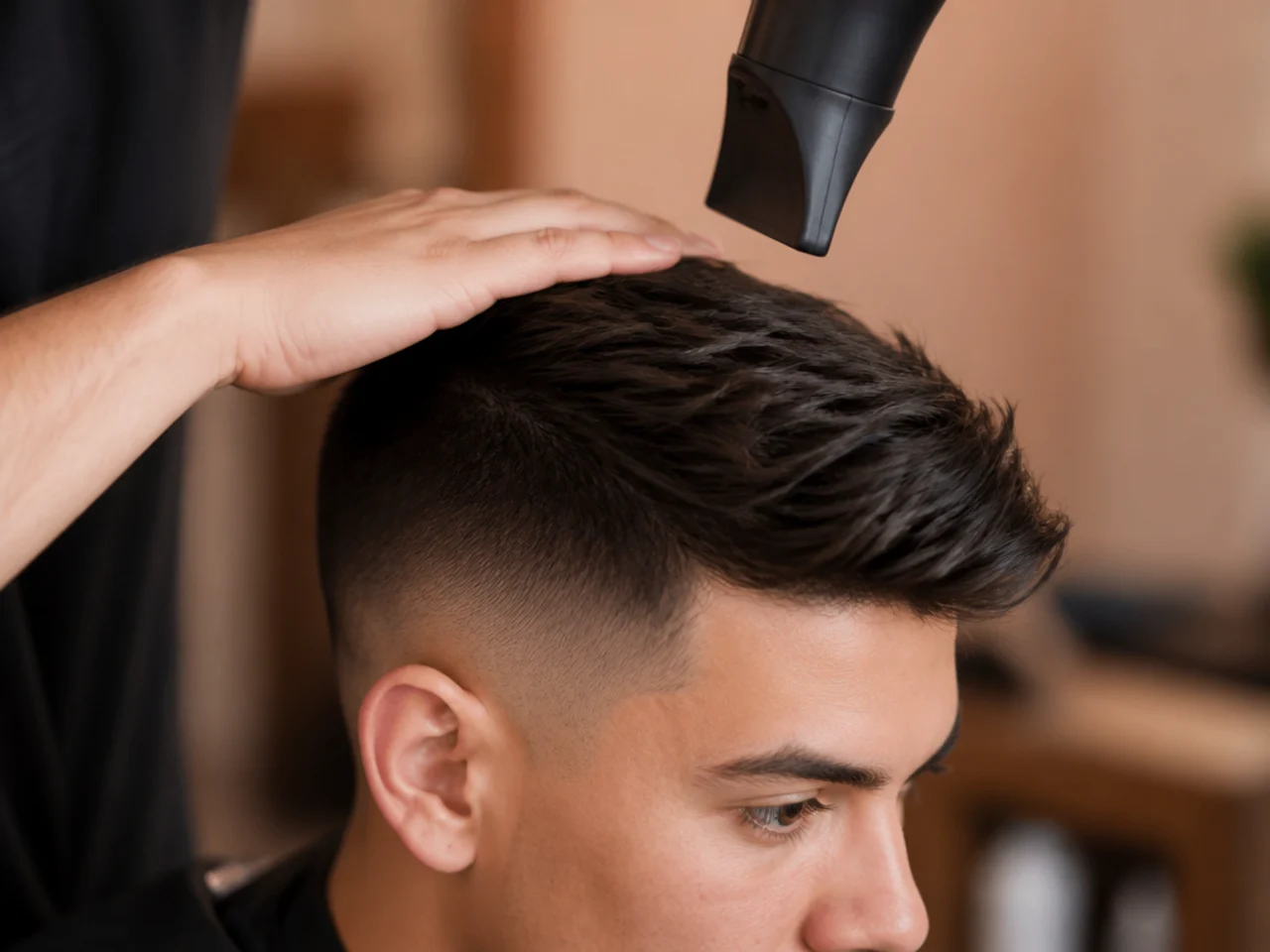 A palm pressing the faded side flat while a dryer nozzle points down the head