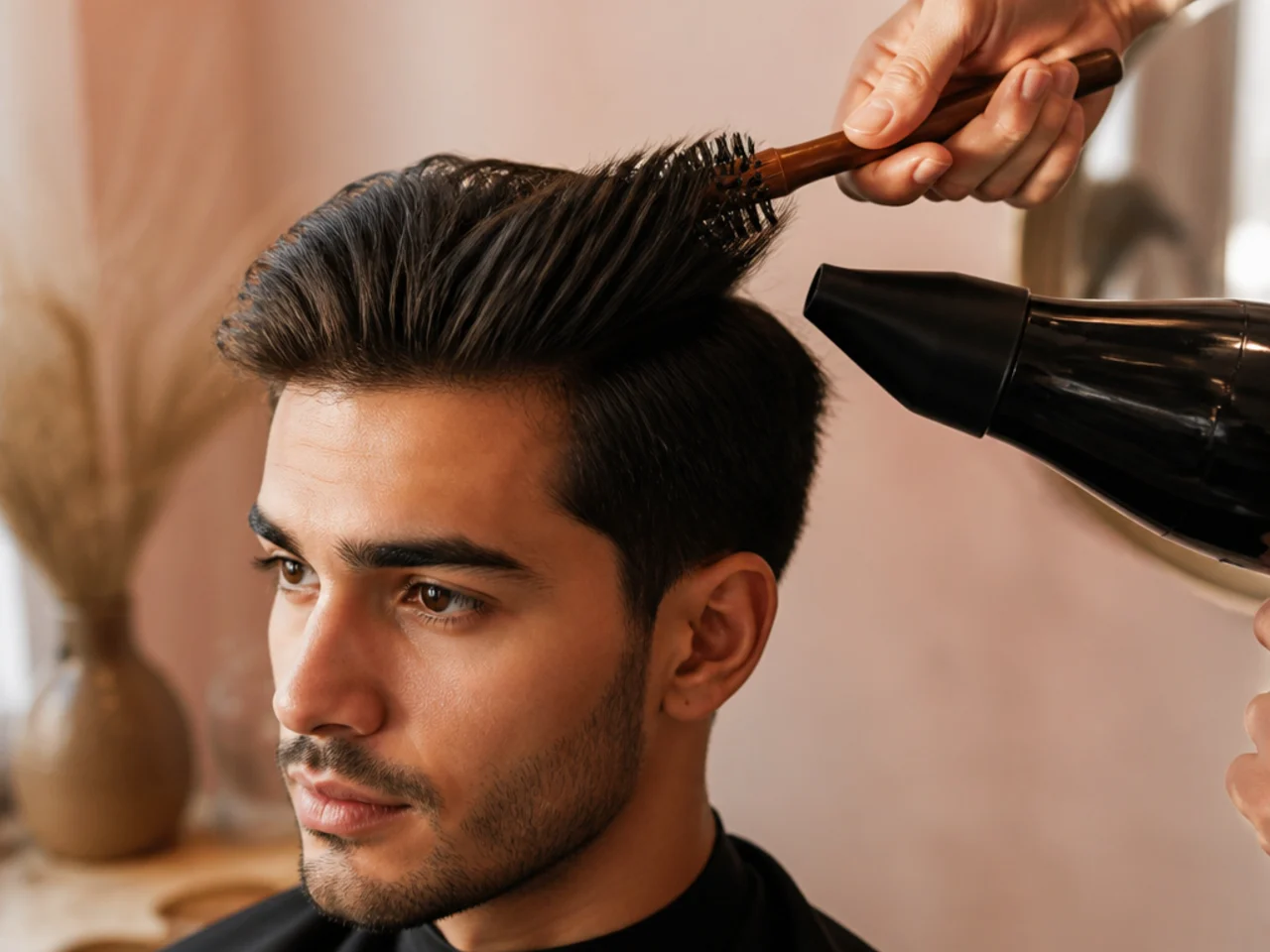 The front section of hair being pulled up and back under a dryer