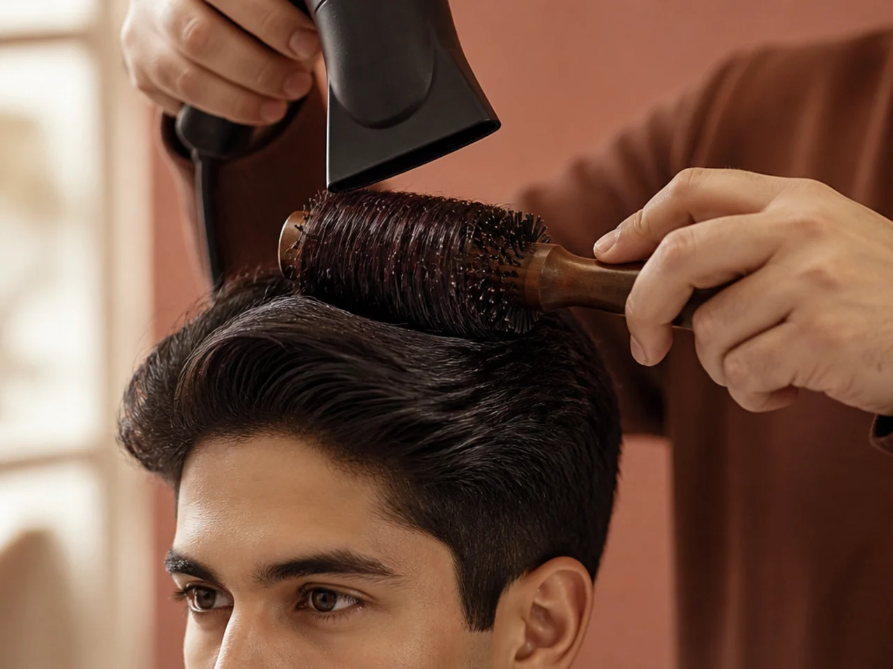 A round brush rolling a section of the crown backwards under a dryer