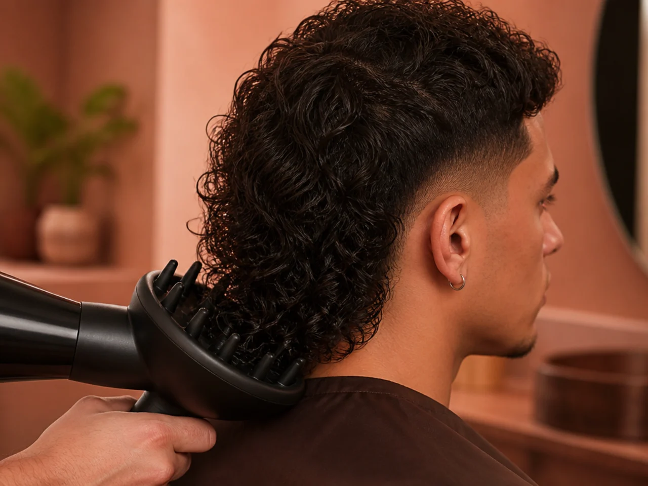 A diffuser cupped under the curly back length of a mullet fade
