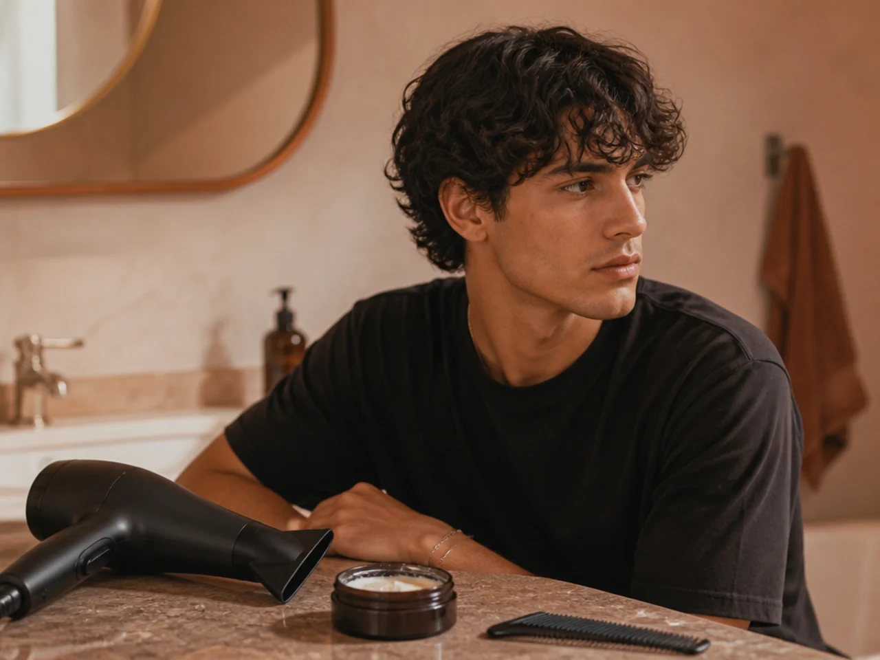 A hair dryer with a nozzle, a tub of matte clay and a comb laid out on a bathroom counter