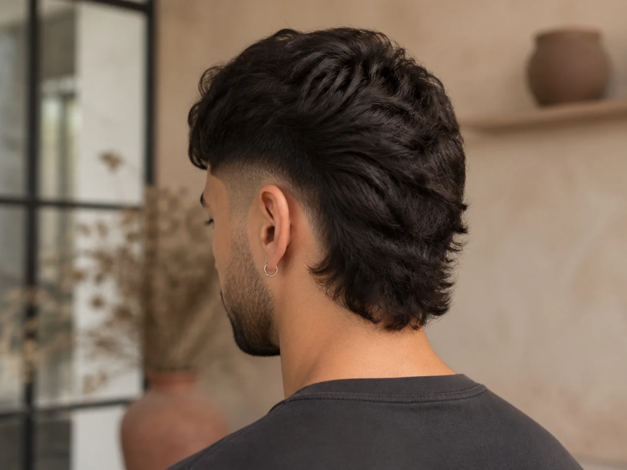 Rear view of a finished mullet fade showing the tail and the faded sides