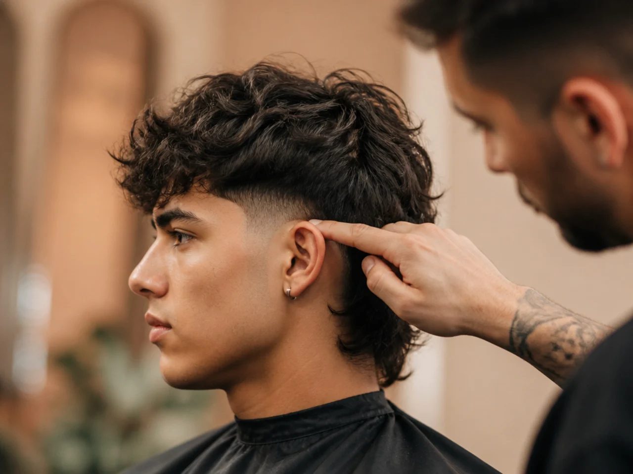 A barber checking the fade line height against the ear on a mullet fade