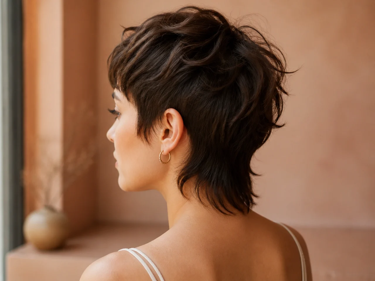 A growing out pixie with a longer nape section forming a natural mullet outline