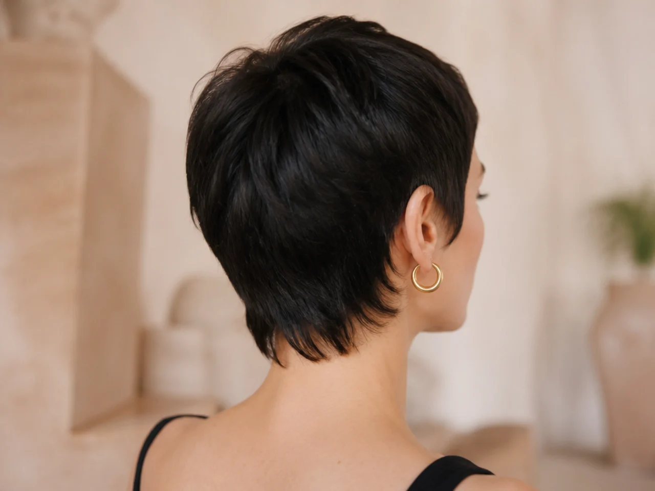 A very short micro mullet on fine hair with a tail just past the hairline, back view