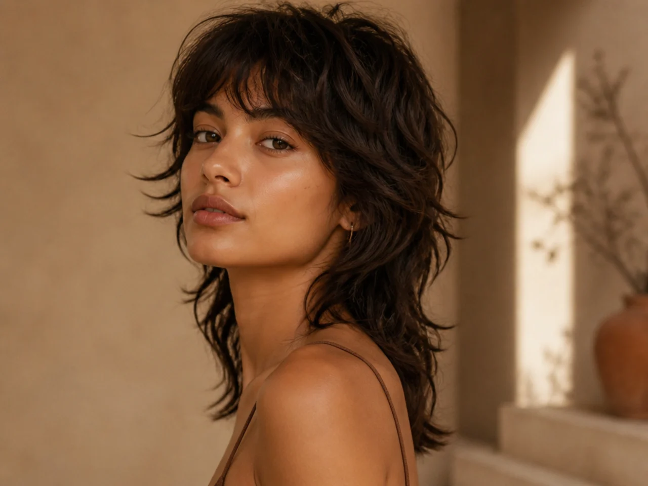 Loose natural waves cut into a mullet shape and left to dry without heat