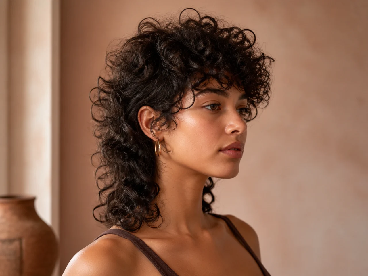 Fine springy curls shaped into a mullet with a lifted crown and defined tail