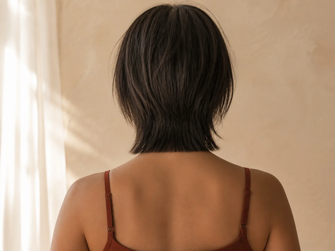 Back view of a mullet tail cut straight across the nape with a hard horizontal edge