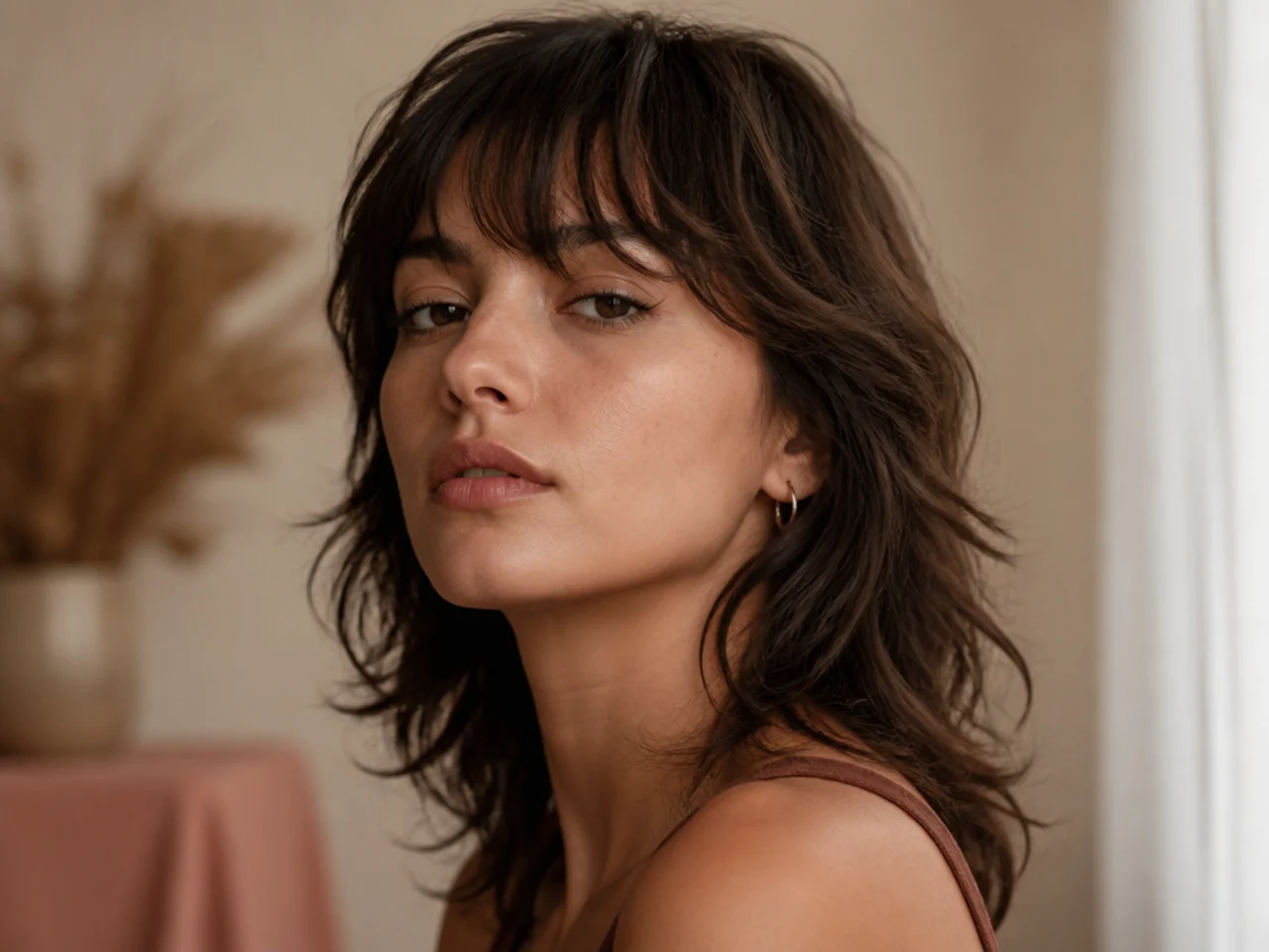 A woman with a soft shaggy mullet, closely spaced layers falling into each other, air dried
