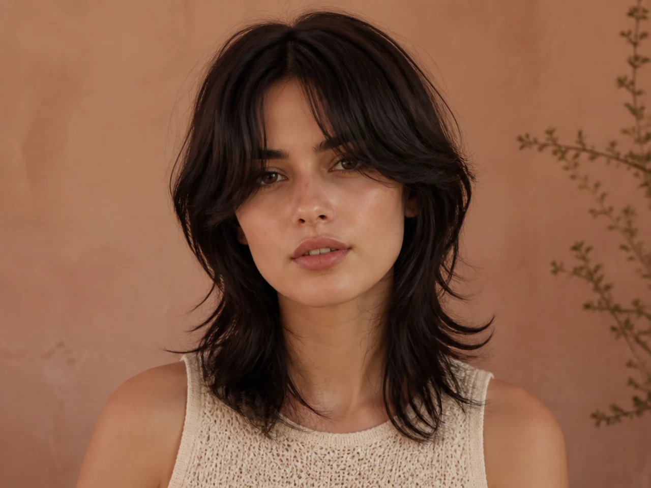 Front view of a centre parted curtain fringe sweeping either side above a layered mullet