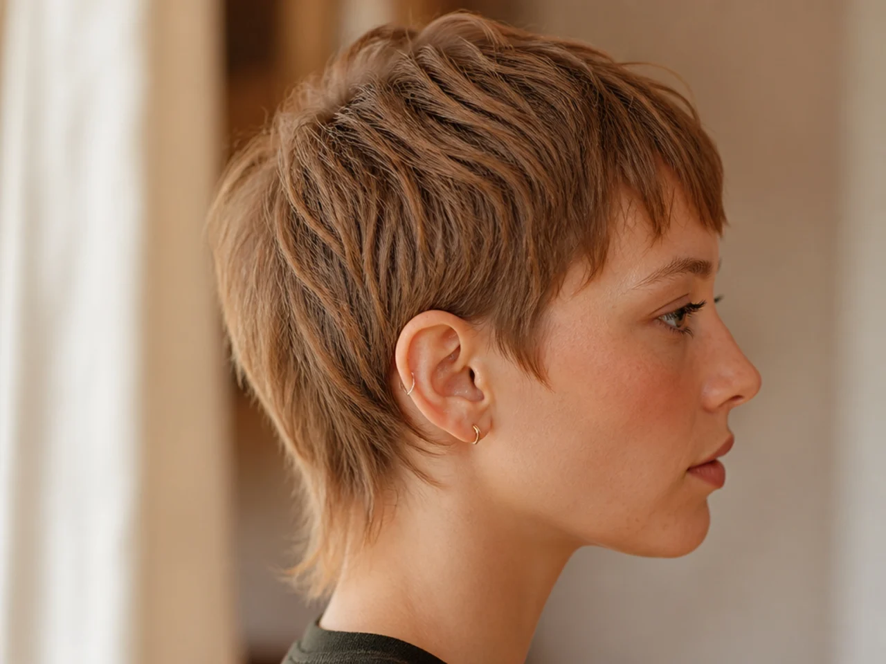 A cropped pixie front with a short hanging tail at the back on fine light brown hair