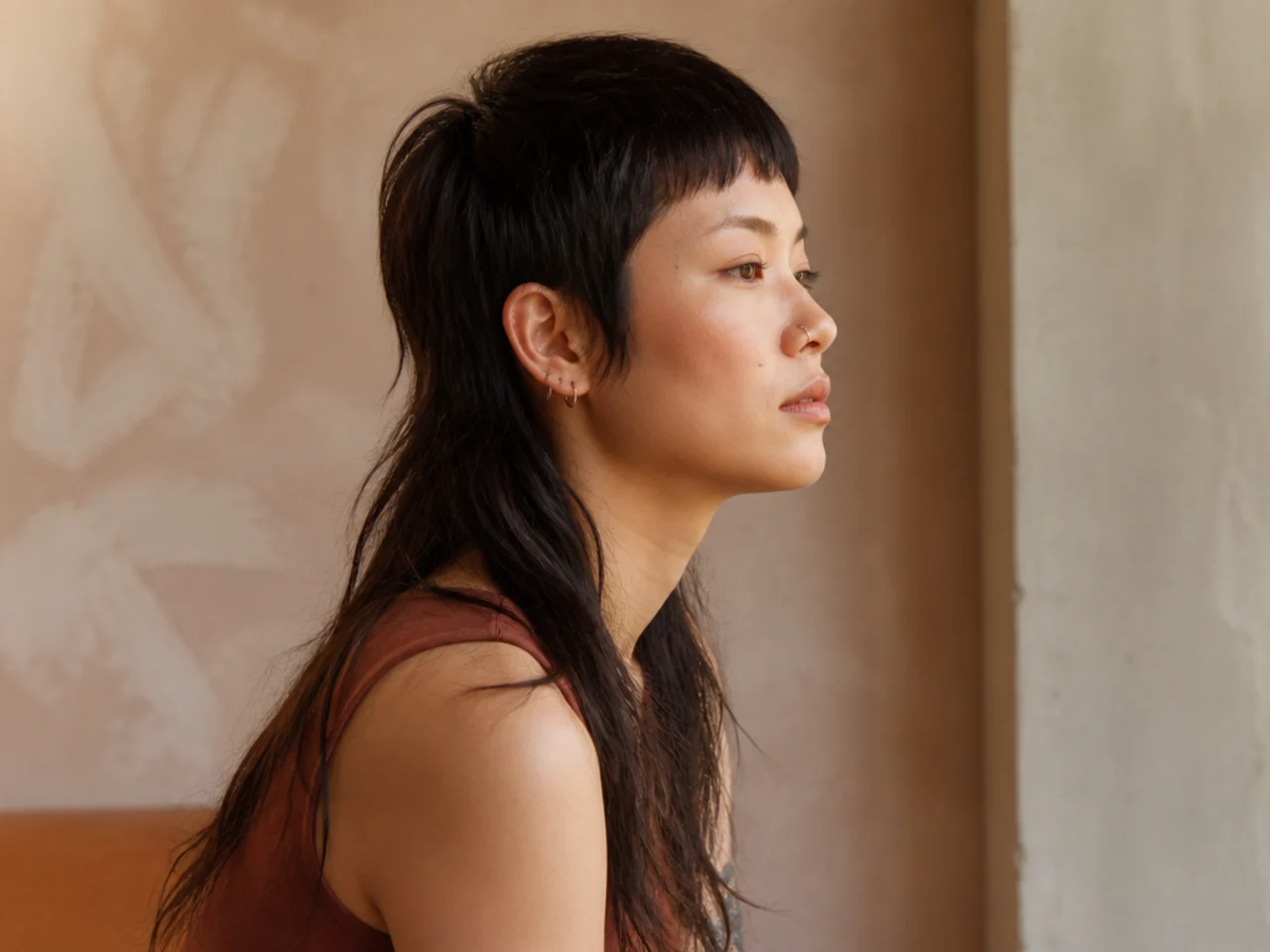 A mullet with one clear short top length and one long back length and no blend between