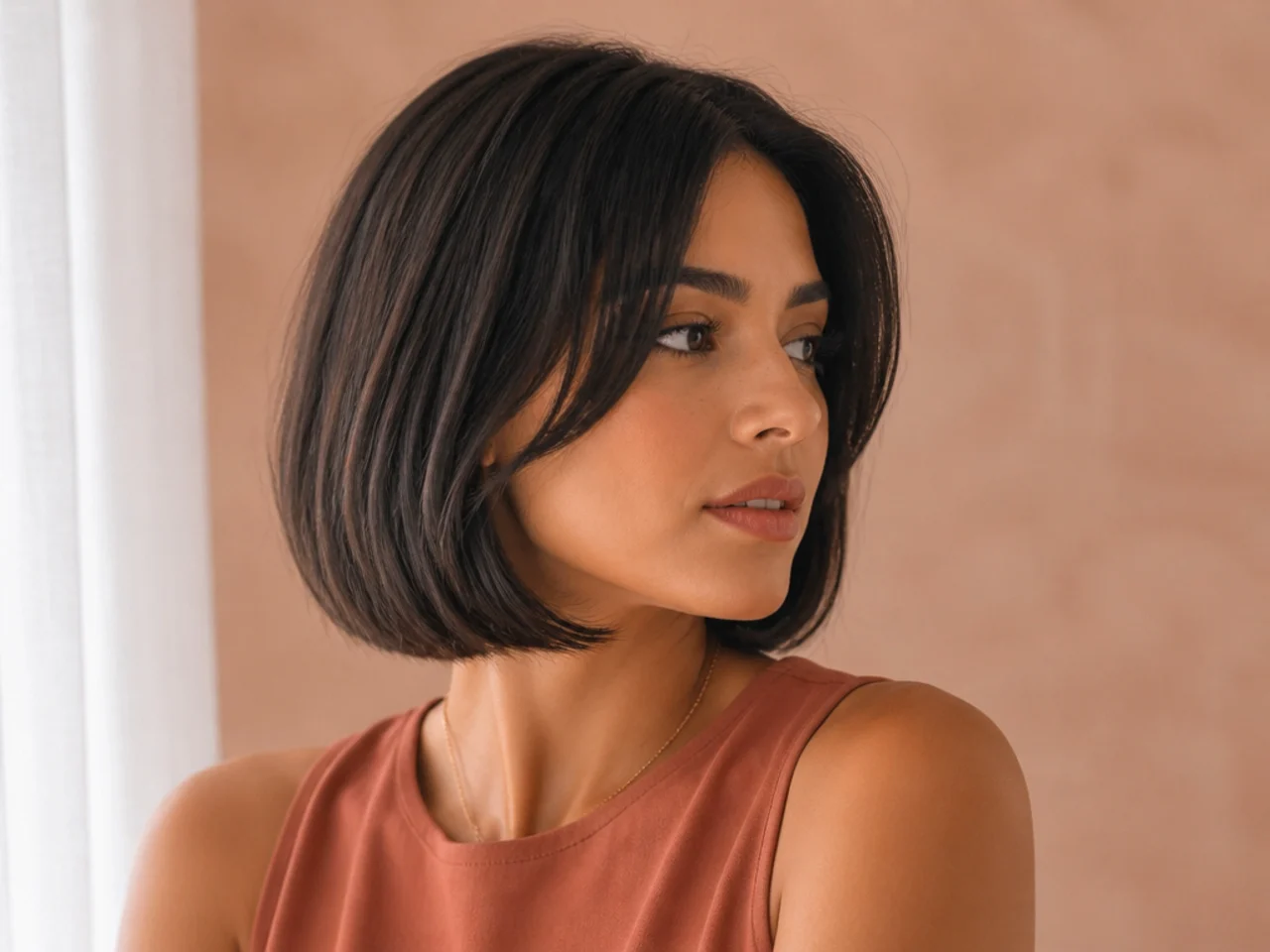 Chin length front pieces tucking under the jaw as the model turns her head