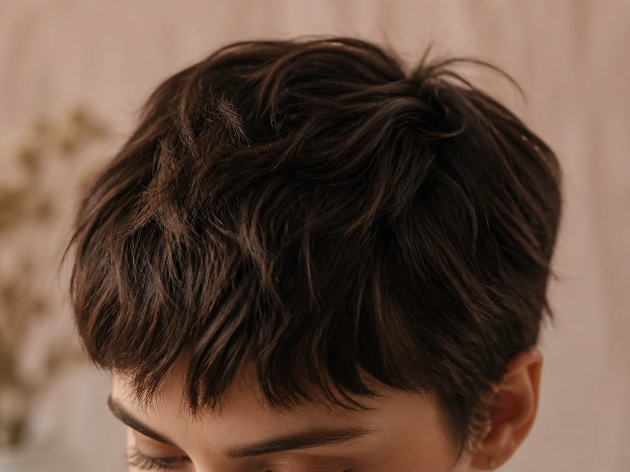 Cropped textured crown on fine hair with lightly broken ends, studio lighting