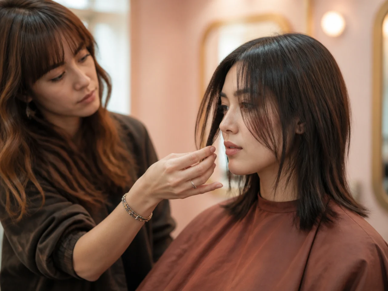 Stylist holding a section of fine hair at cheekbone height to check the shortest front length