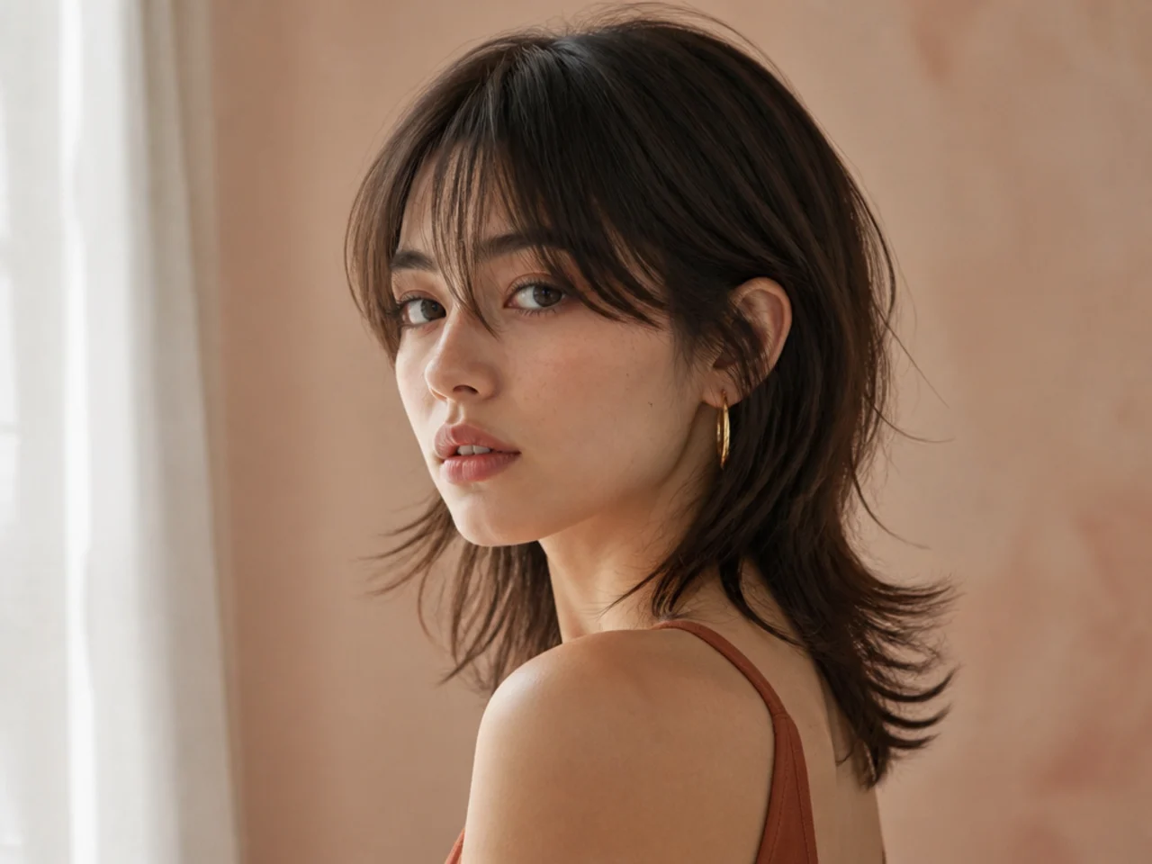 Three quarter portrait of a woman with a fine haired shoulder length mullet