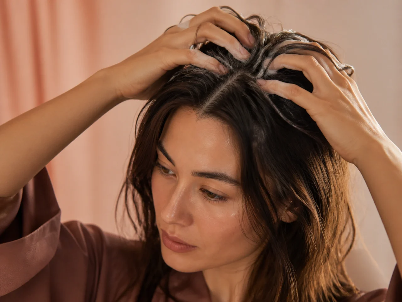 Mousse being worked into the roots of fine hair at the crown before blow drying