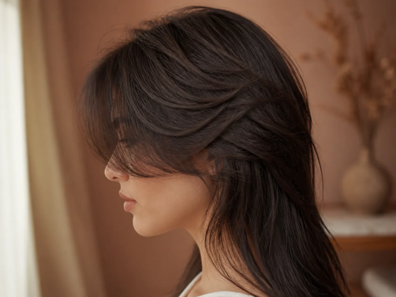 Close side view of fine hair showing layered crown lifting away from flatter lengths beneath