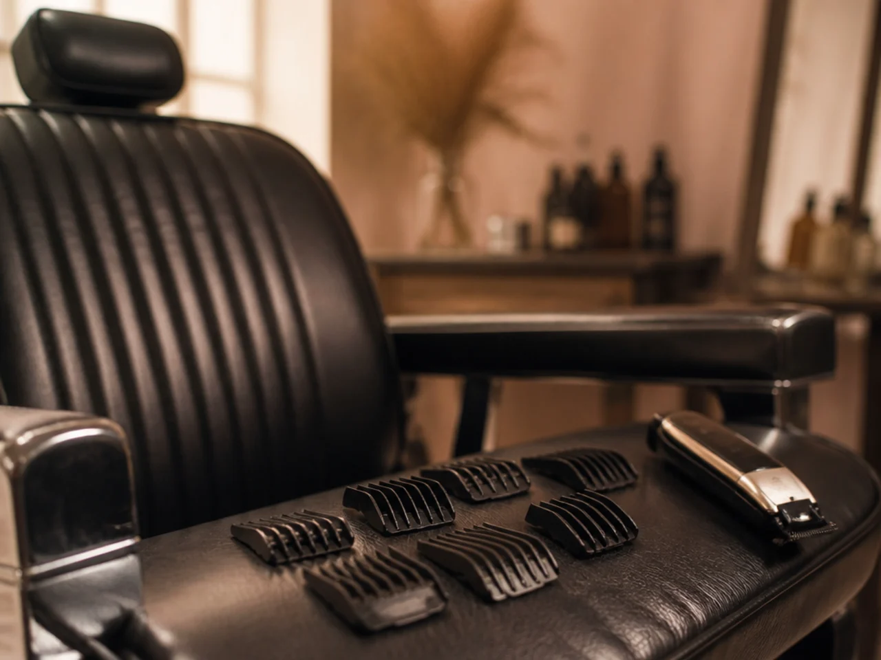 Clipper guards laid out beside a barber chair