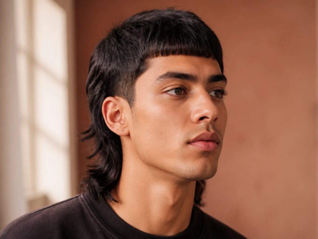 A blunt fringe mullet with a straight edge at the brow