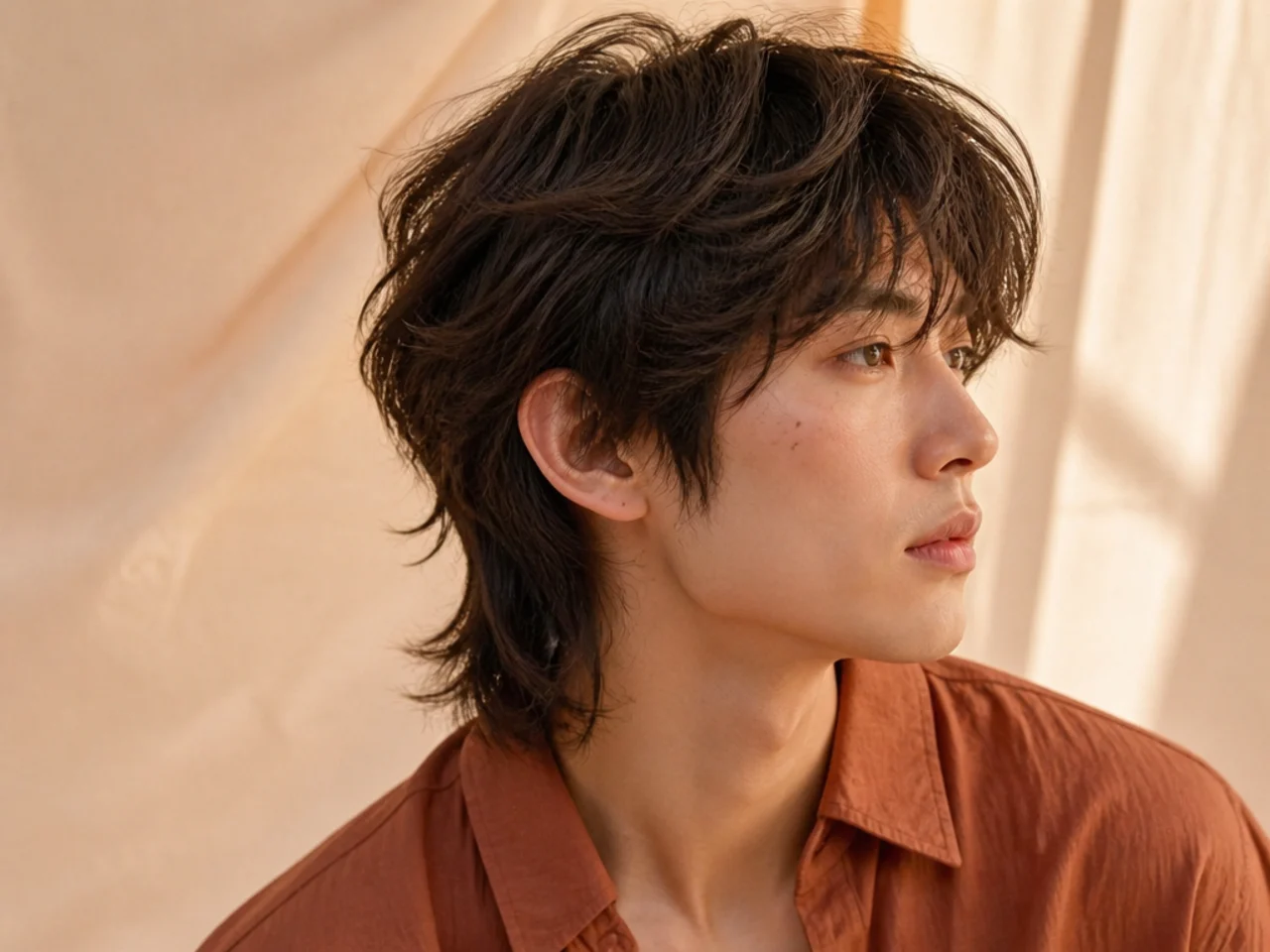 A wolf cut mullet with layers through the top