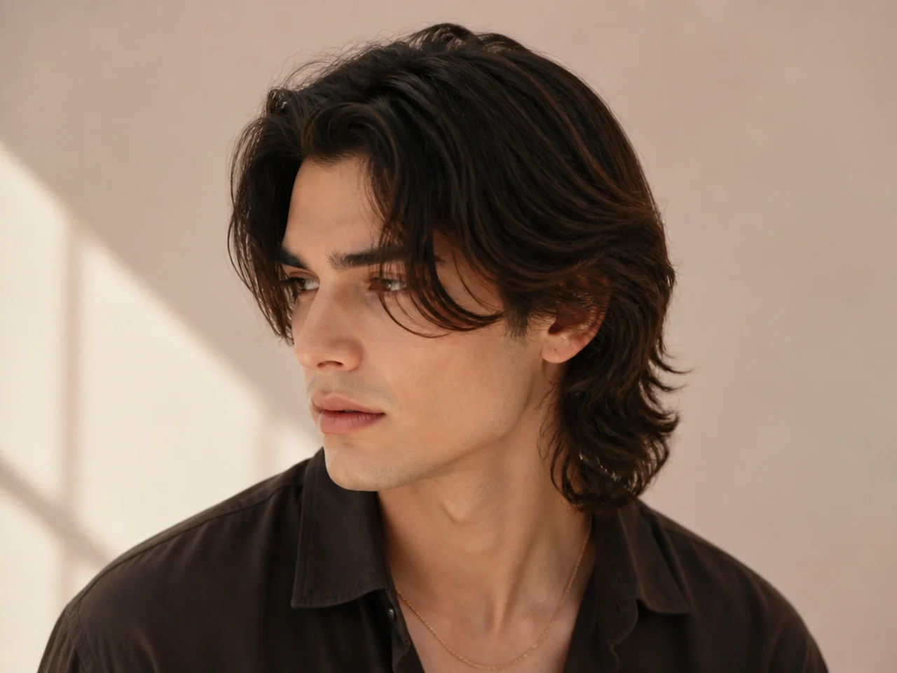 A mullet with a long top falling over the sides