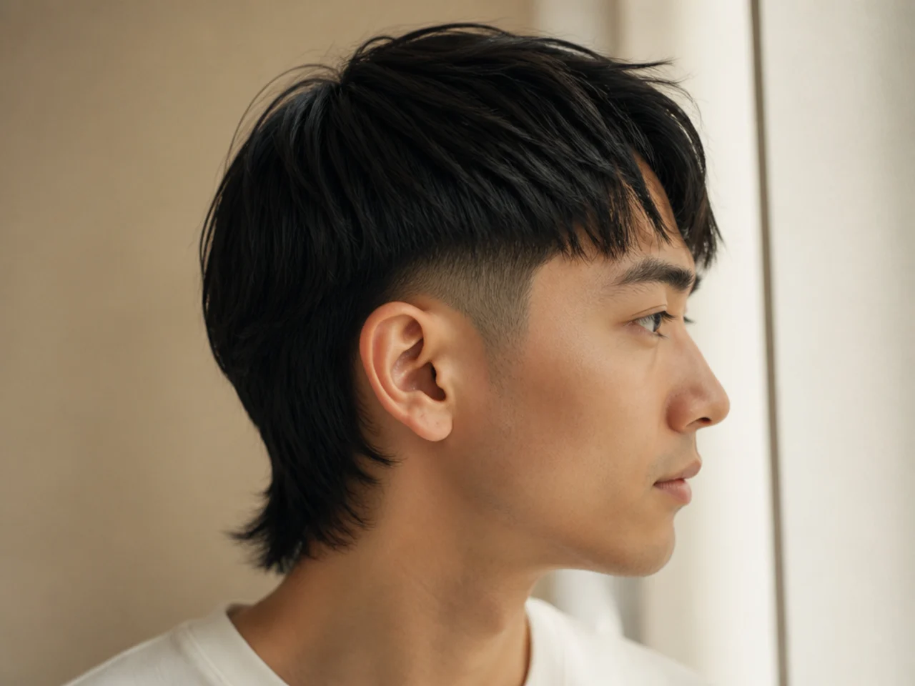 A low fade mullet on straight hair