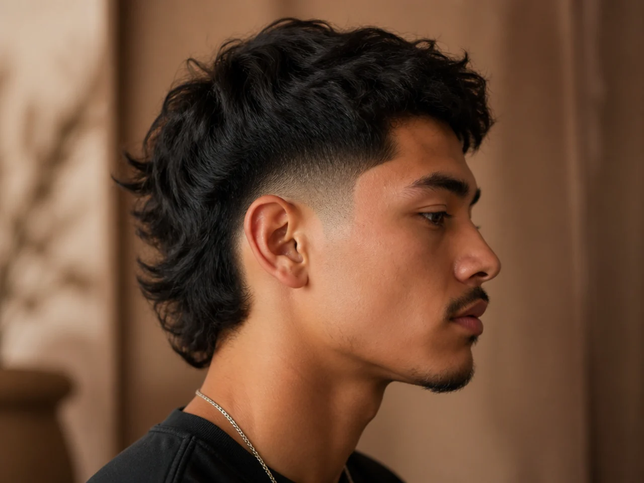 A burst fade mullet curving around the ear
