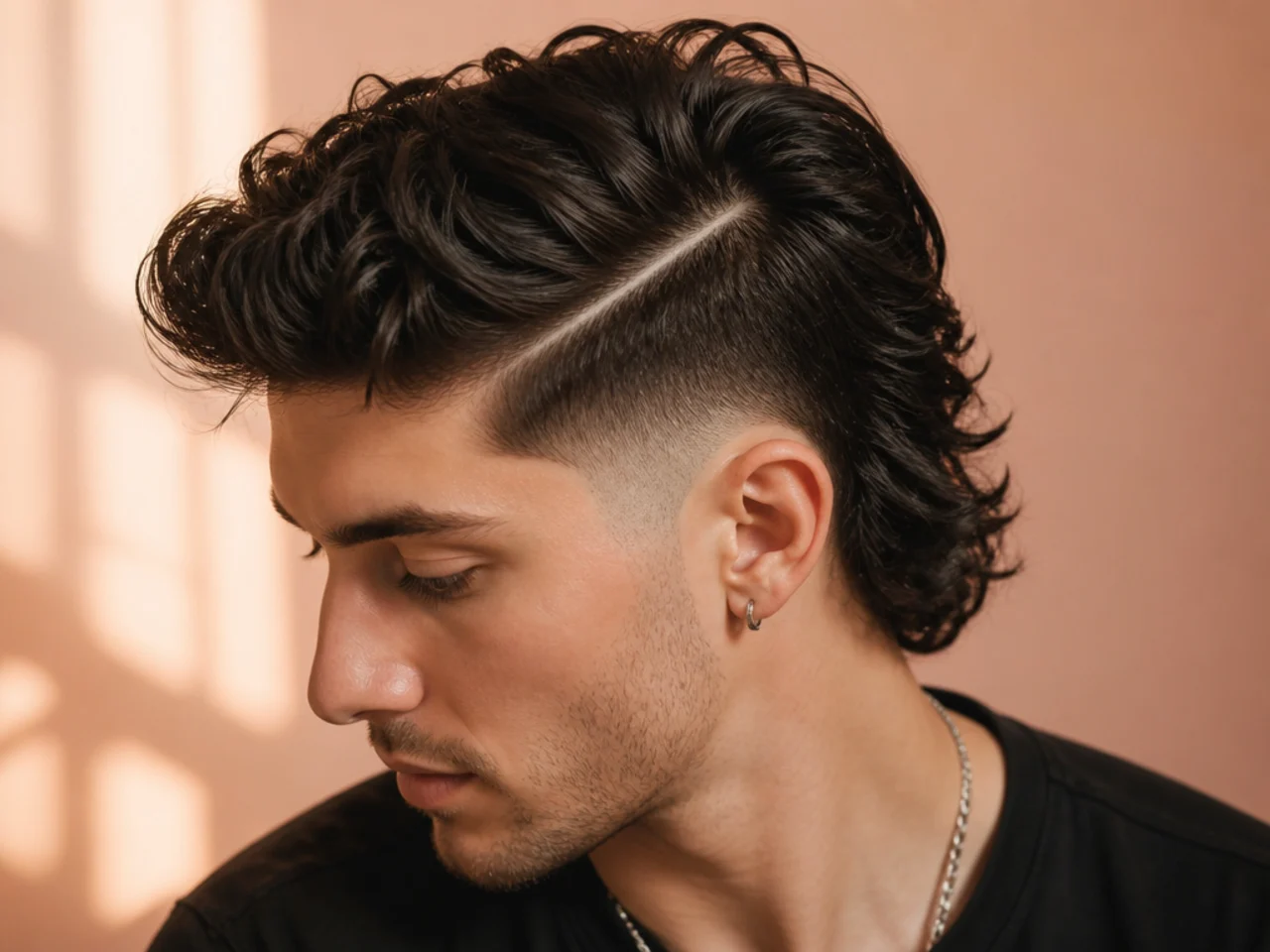 A mullet with a hard part line cut into the side