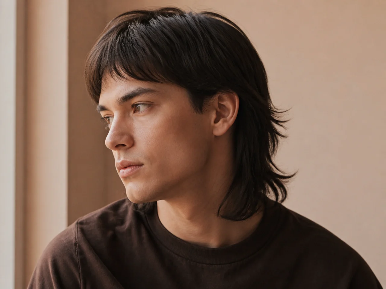 Three quarter view of a mullet on straight flat hair